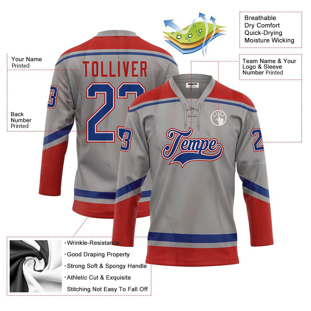 Custom Gray Royal-Red  Neck Hockey Jersey For Men & Women