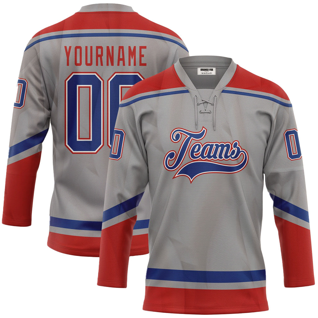 Custom Gray Royal-Red  Neck Hockey Jersey For Men & Women