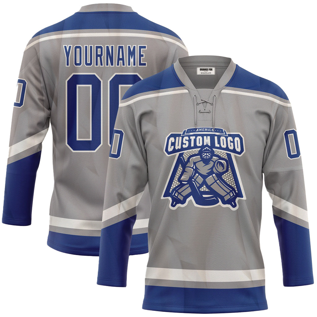 Custom Gray Royal-White Neck Hockey Jersey For Men & Women