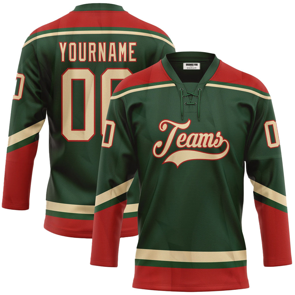 Custom Green City Cream-Red Neck Hockey Jersey For Men & Women