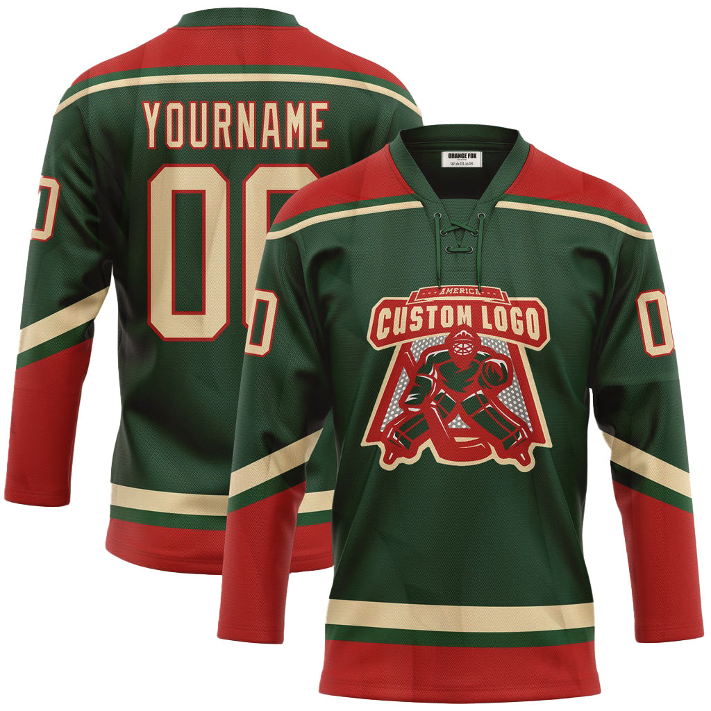 Custom Green City Cream-Red Neck Hockey Jersey For Men & Women