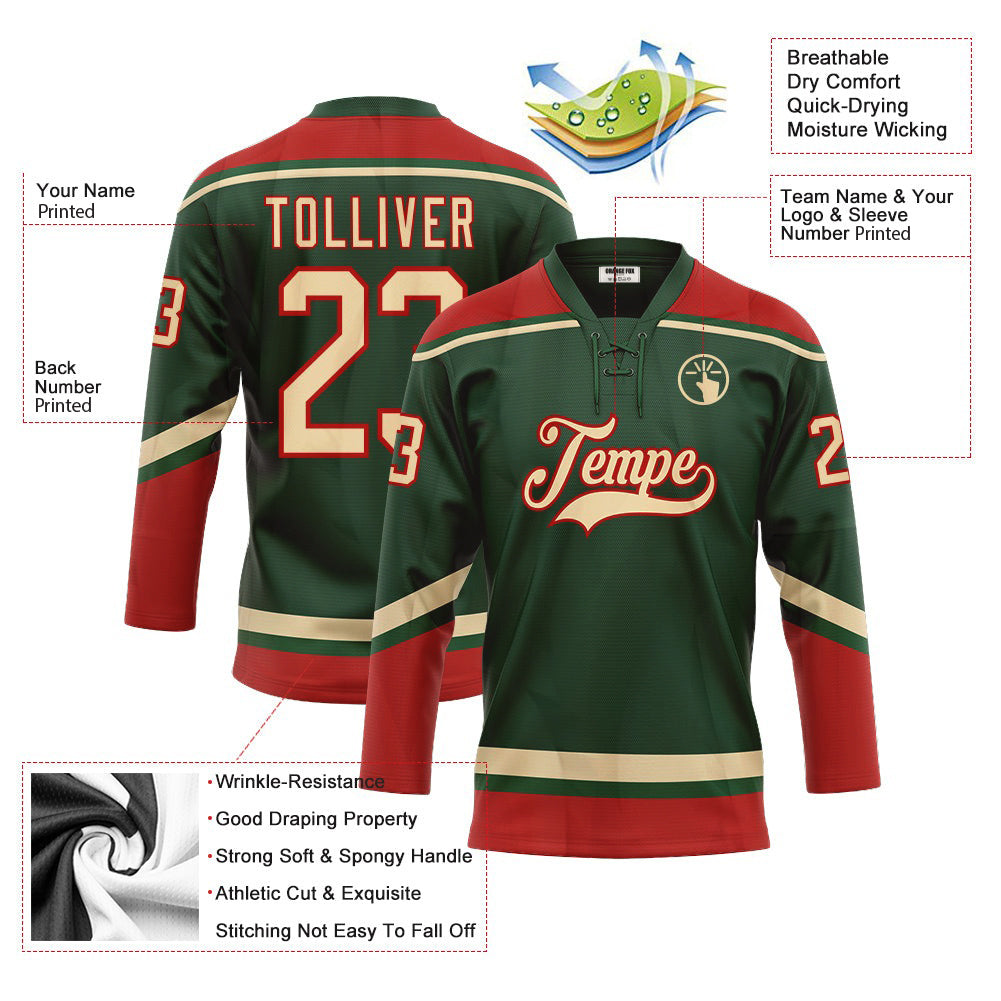 Custom Green City Cream-Red Neck Hockey Jersey For Men & Women