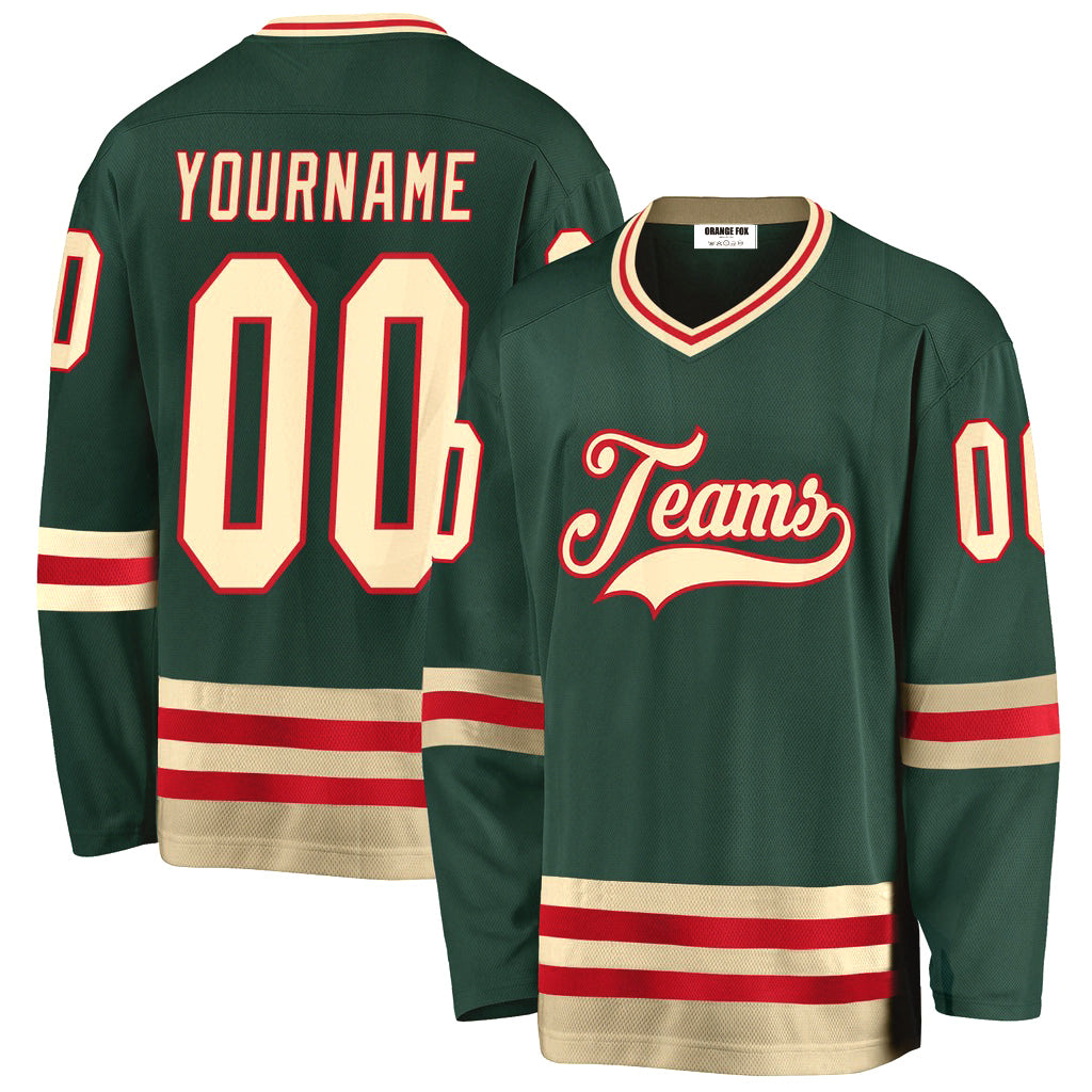 Custom Green Cream-Red V Neck Hockey Jersey For Men & Women