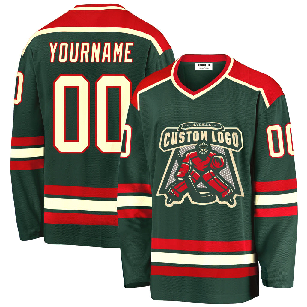 Custom Green Cream-Red V Neck Hockey Jersey For Men & Women