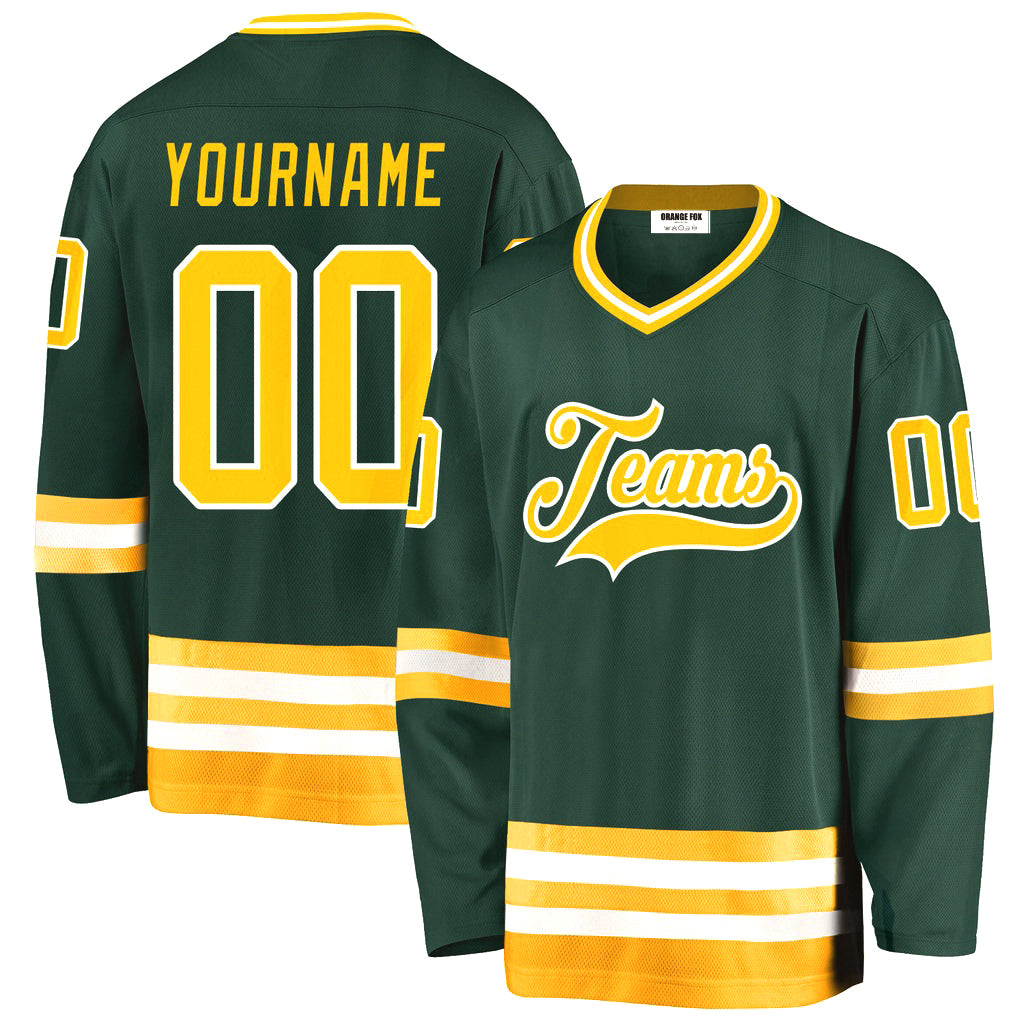 Custom Green Gold-White V Neck Hockey Jersey For Men & Women