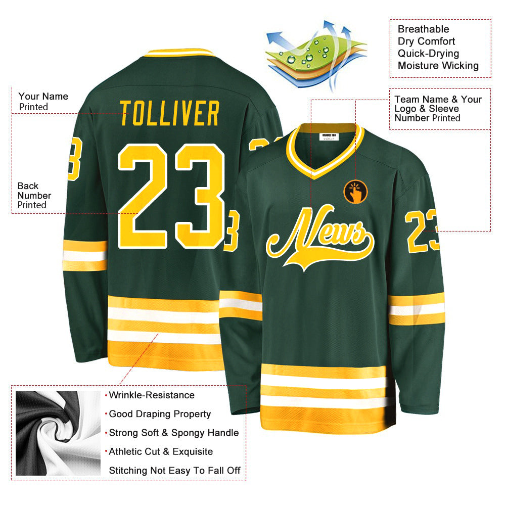 Custom Green Gold-White V Neck Hockey Jersey For Men & Women