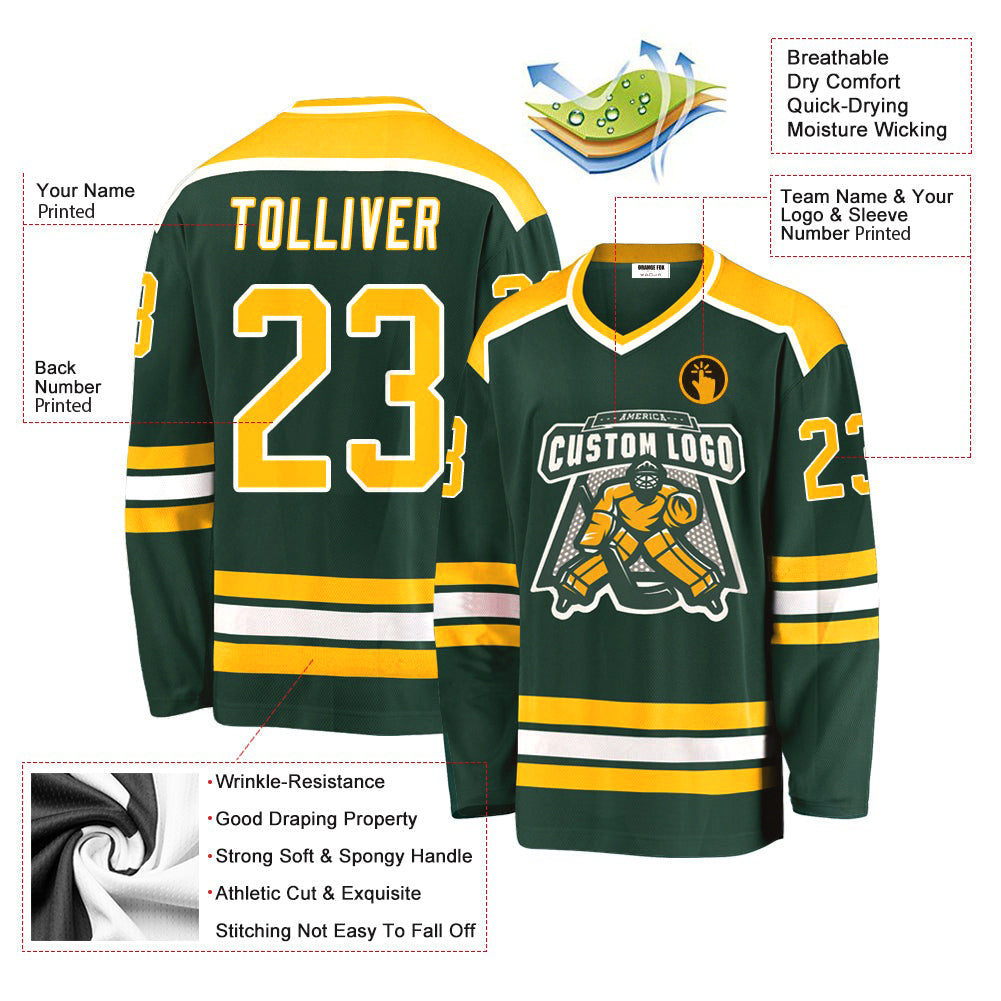 Custom Green Gold-White V Neck Hockey Jersey For Men & Women