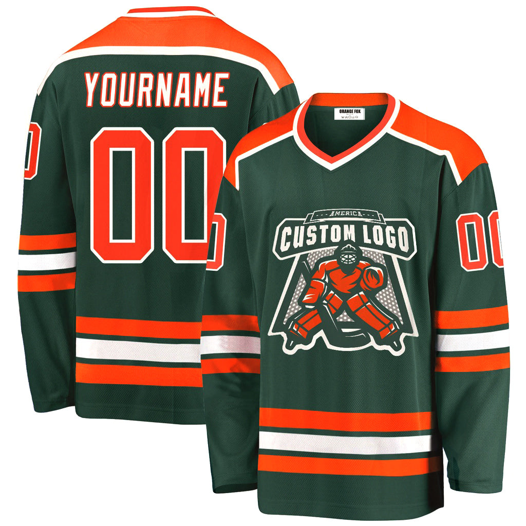 Custom Green Orange-White V Neck Hockey Jersey For Men & Women