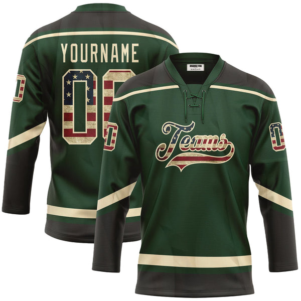 Custom Green Vintage USA Flag Black-Cream Neck Hockey Jersey For Men & Women