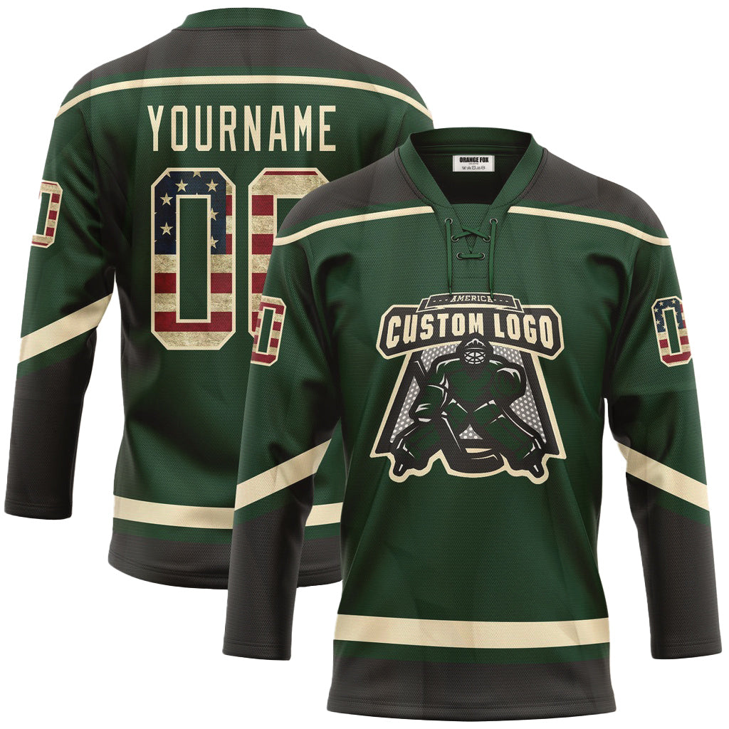 Custom Green Vintage USA Flag Black-Cream Neck Hockey Jersey For Men & Women