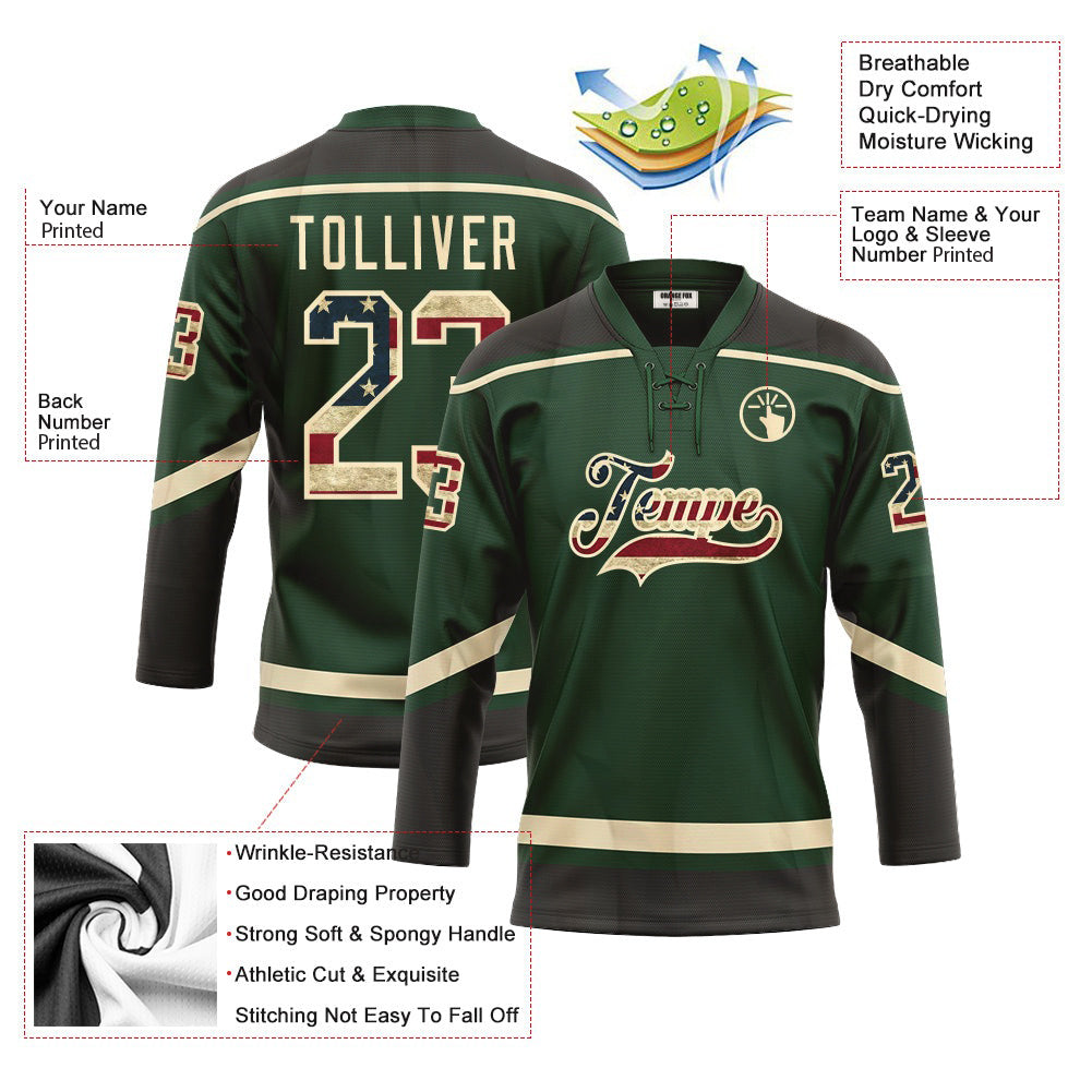 Custom Green Vintage USA Flag Black-Cream Neck Hockey Jersey For Men & Women