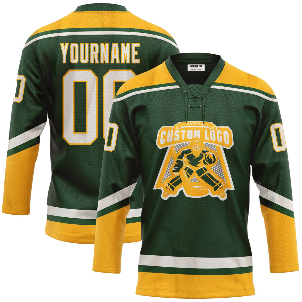 Custom Green White-Gold Neck Hockey Jersey For Men & Women