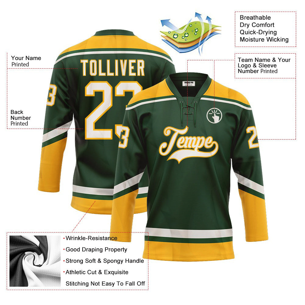 Custom Green White-Gold Neck Hockey Jersey For Men & Women