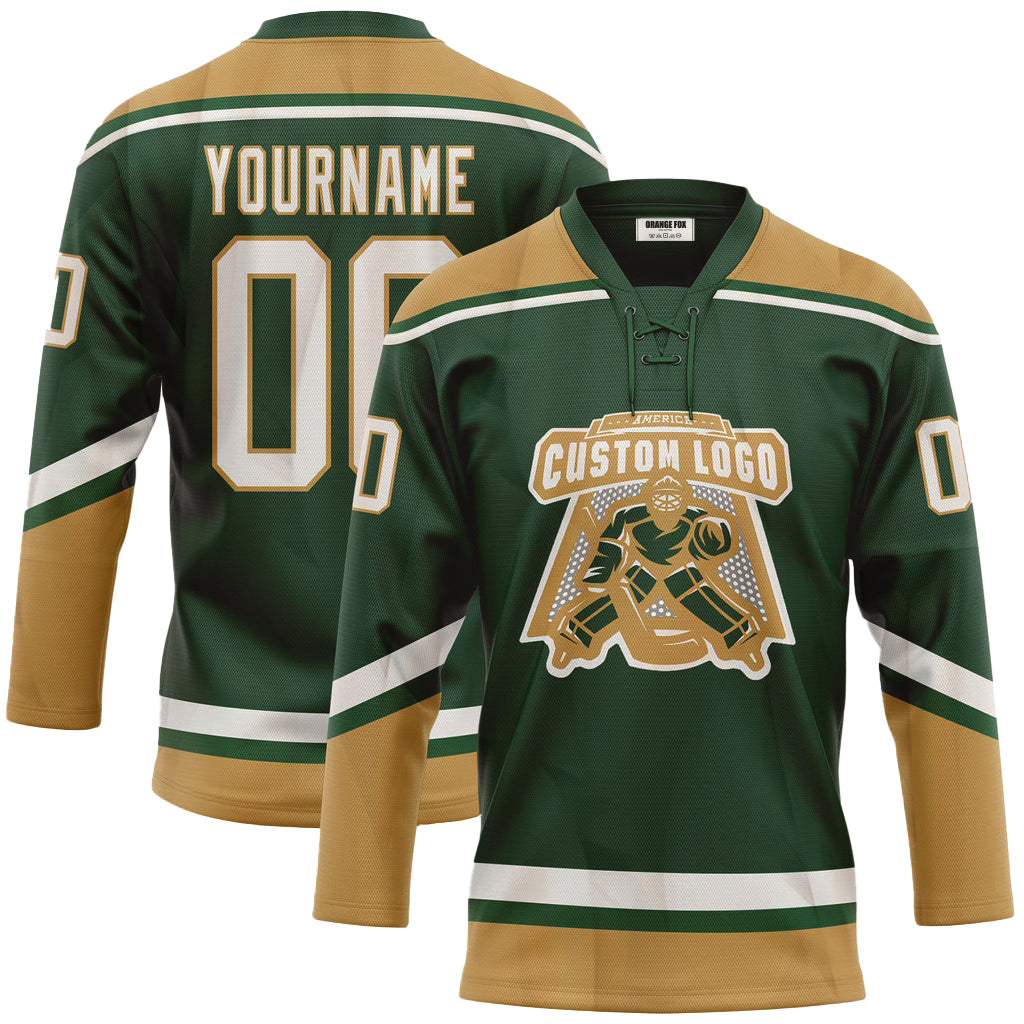 Custom Green White-Old Gold Neck Hockey Jersey For Men & Women