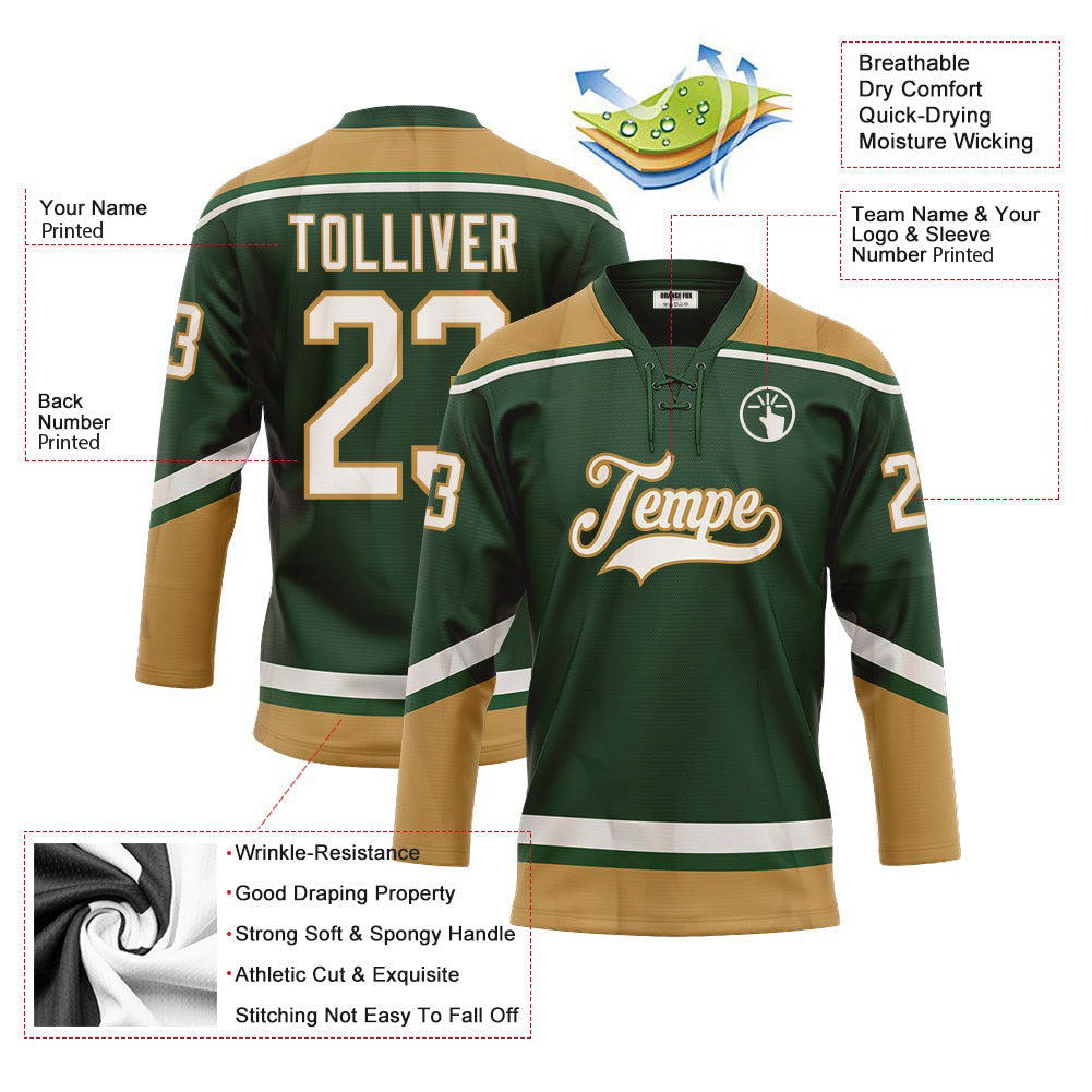 Custom Green White-Old Gold Neck Hockey Jersey For Men & Women