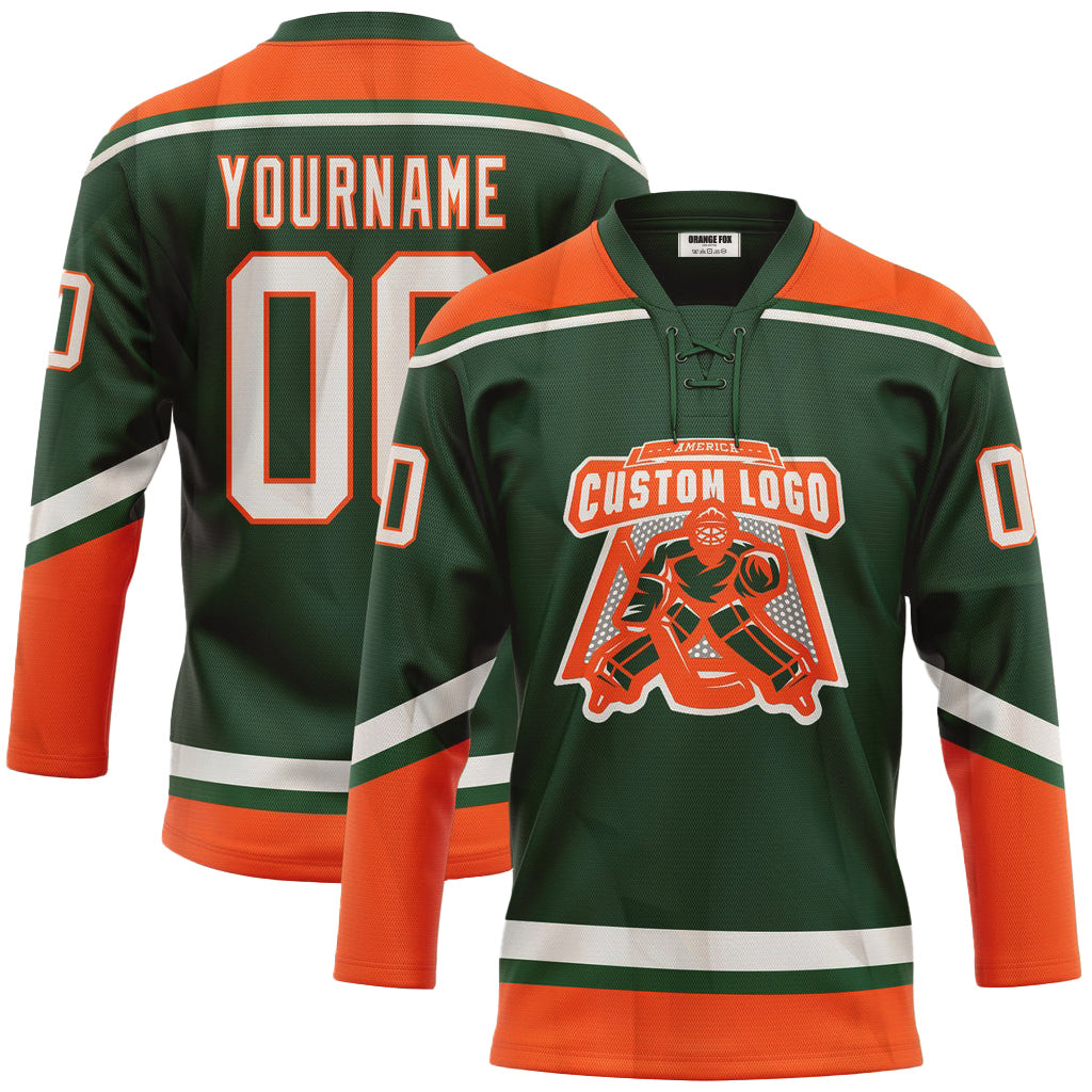 Custom Green White-Orange Neck Hockey Jersey For Men & Women