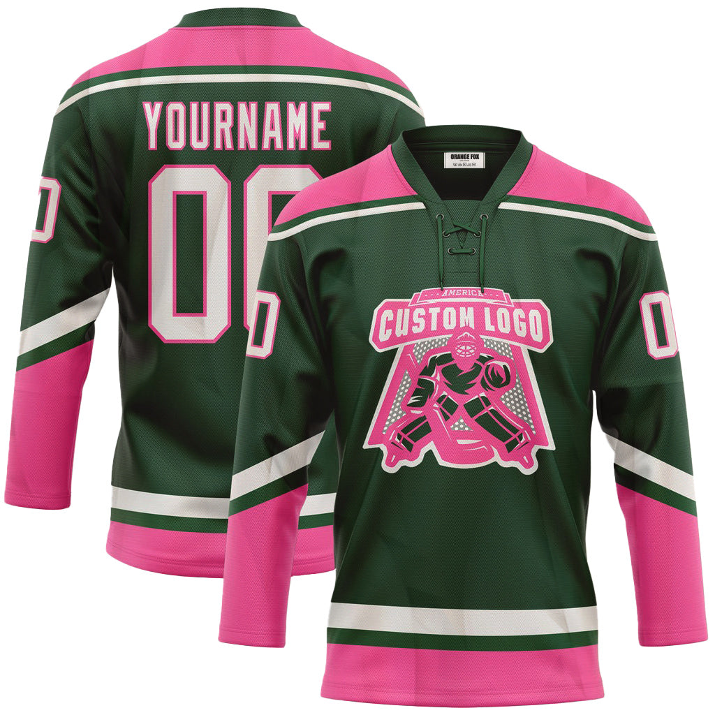 Custom Green White-Pink Neck Hockey Jersey For Men & Women