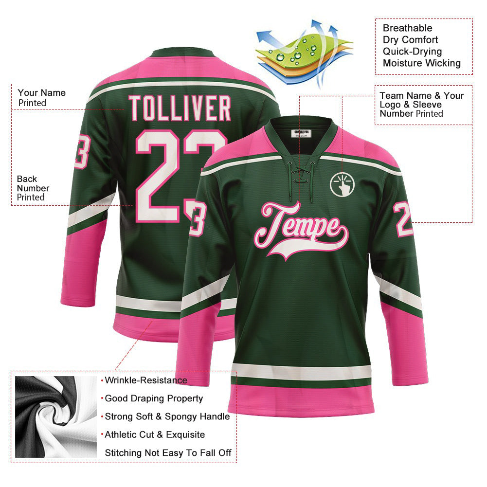 Custom Green White-Pink Neck Hockey Jersey For Men & Women