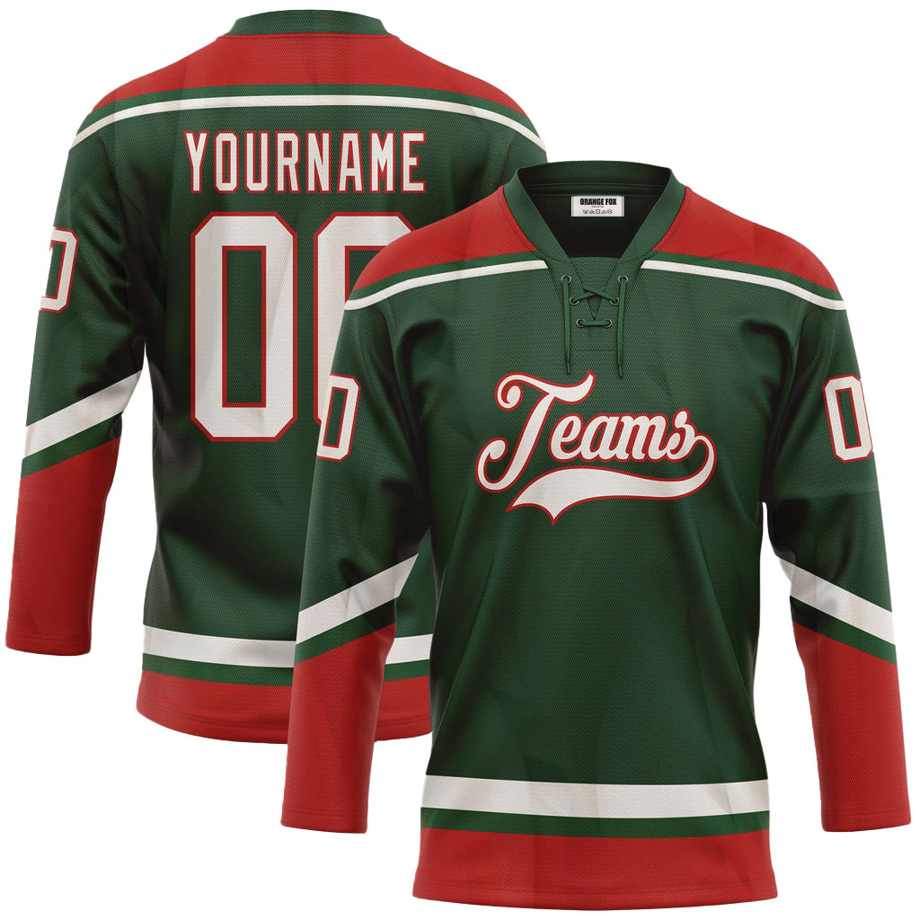 Custom Green White-Red Neck Hockey Jersey For Men & Women