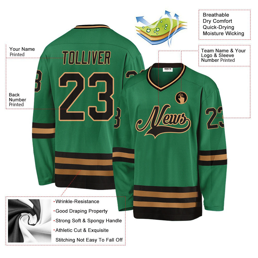 Custom Kelly Green Black-Old Gold V Neck Hockey Jersey For Men & Women