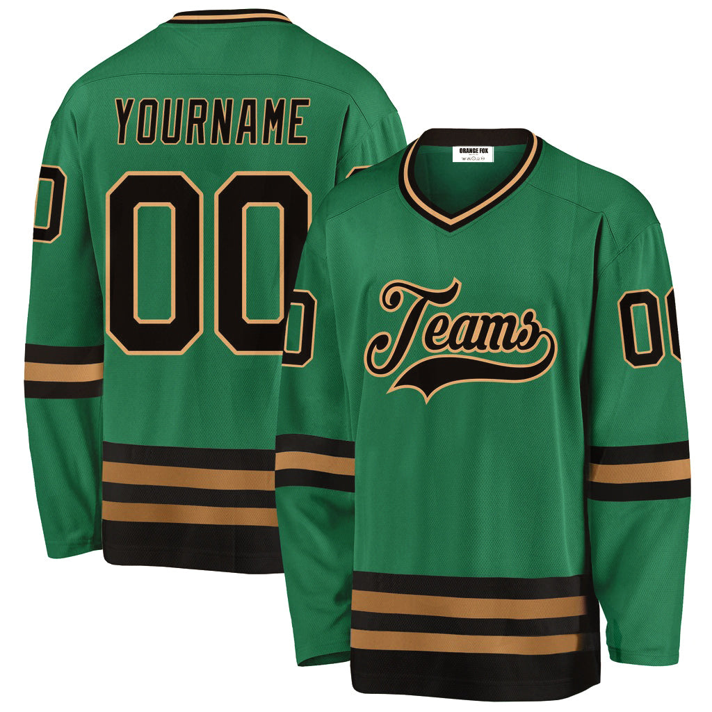 Custom Kelly Green Black-Old Gold V Neck Hockey Jersey For Men & Women