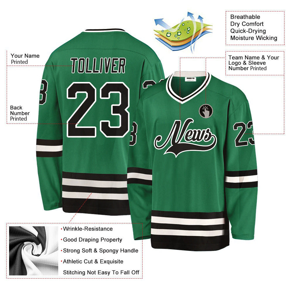 Custom Kelly Green Black-White V Neck Hockey Jersey For Men & Women