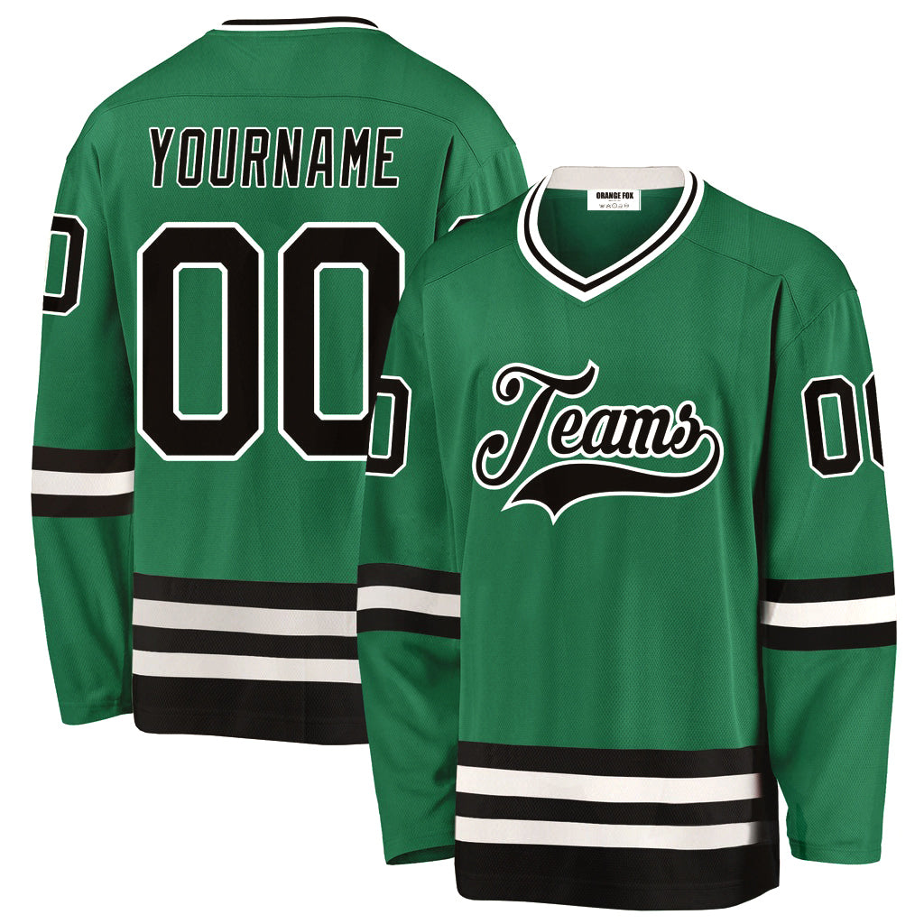 Custom Kelly Green Black-White V Neck Hockey Jersey For Men & Women