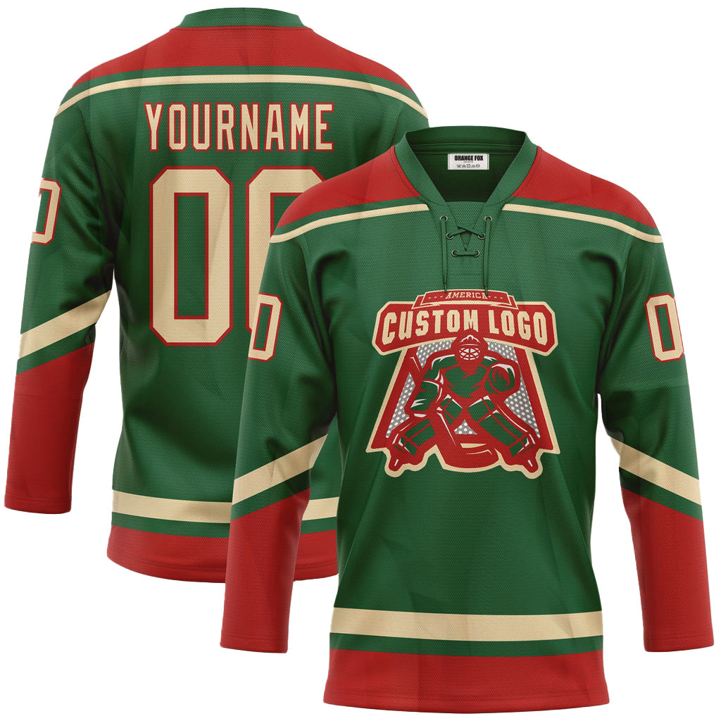 Custom Kelly Green City Cream-Red Neck Hockey Jersey For Men & Women