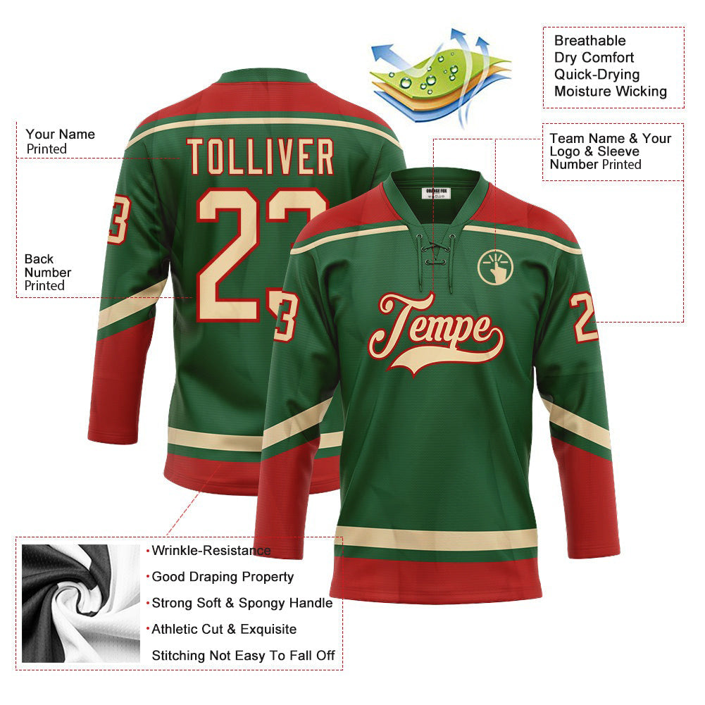 Custom Kelly Green City Cream-Red Neck Hockey Jersey For Men & Women