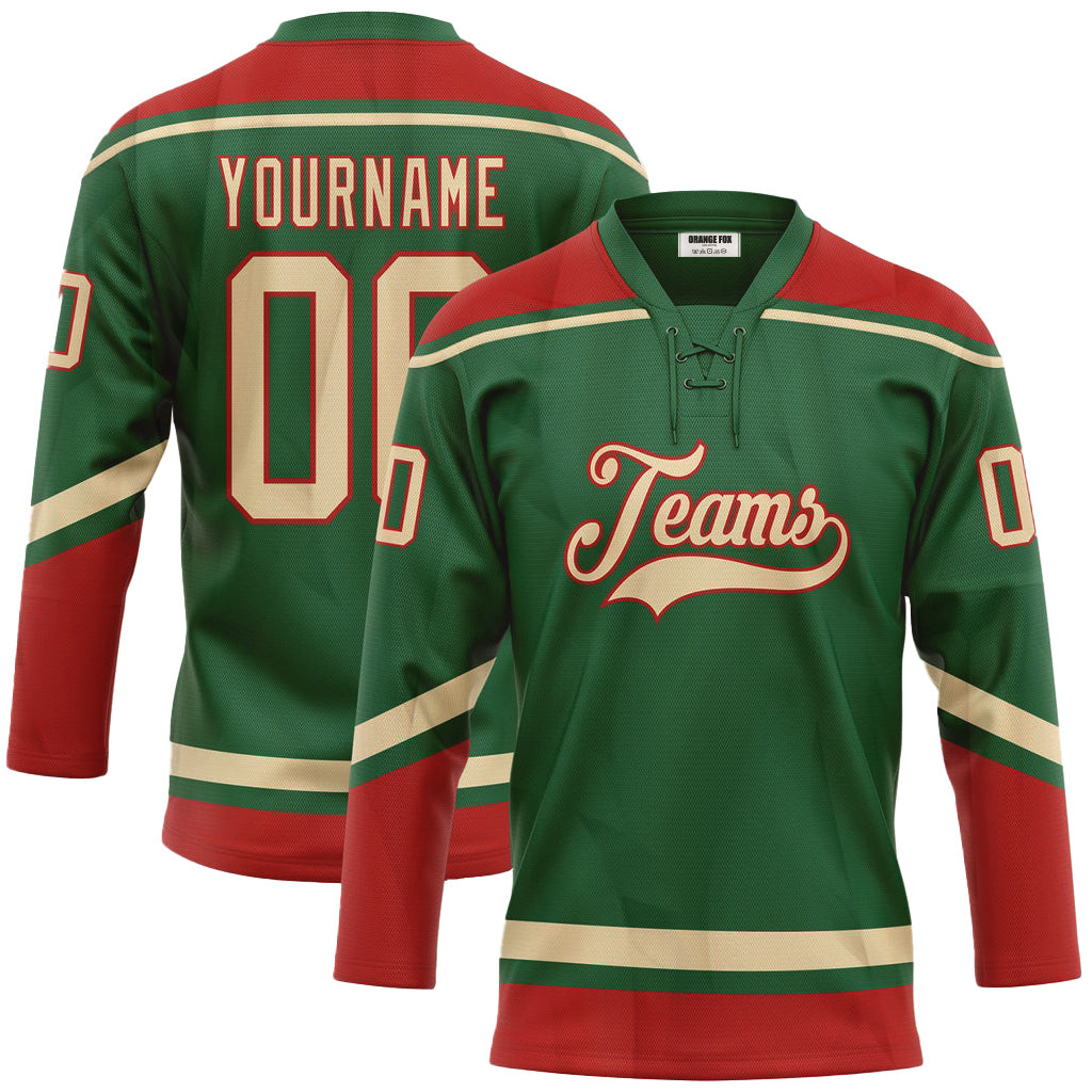 Custom Kelly Green City Cream-Red Neck Hockey Jersey For Men & Women