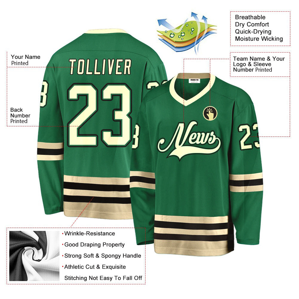 Custom Kelly Green Cream-Black V Neck Hockey Jersey For Men & Women