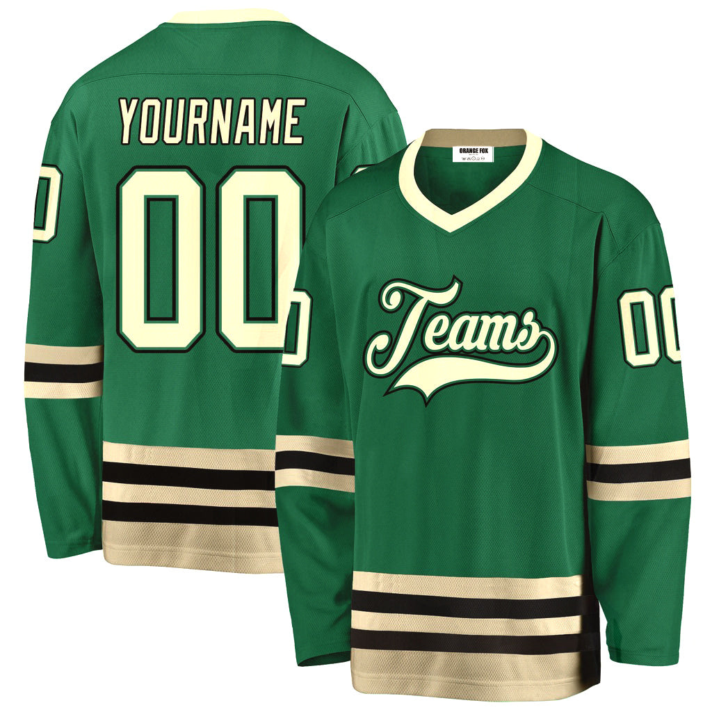 Custom Kelly Green Cream-Black V Neck Hockey Jersey For Men & Women