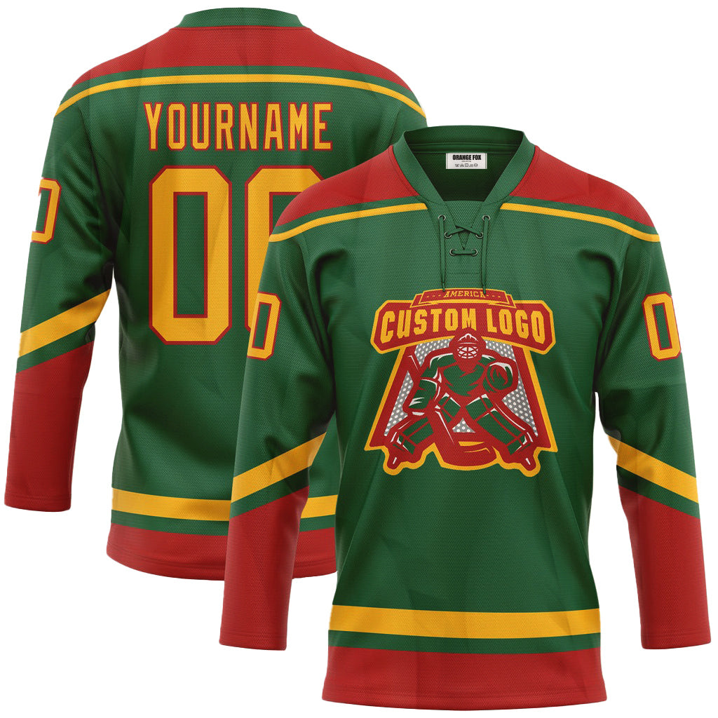 Custom Kelly Green Gold-Red Neck Hockey Jersey For Men & Women