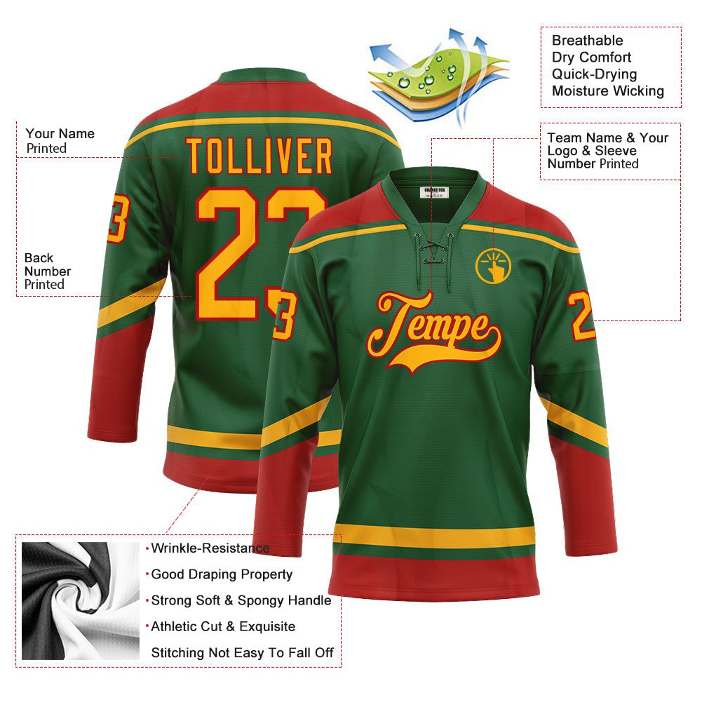 Custom Kelly Green Gold-Red Neck Hockey Jersey For Men & Women