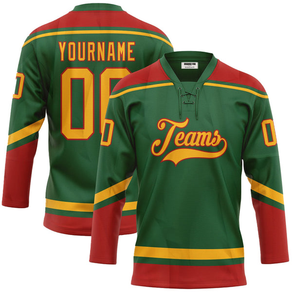 Custom Kelly Green Gold-Red Neck Hockey Jersey For Men & Women