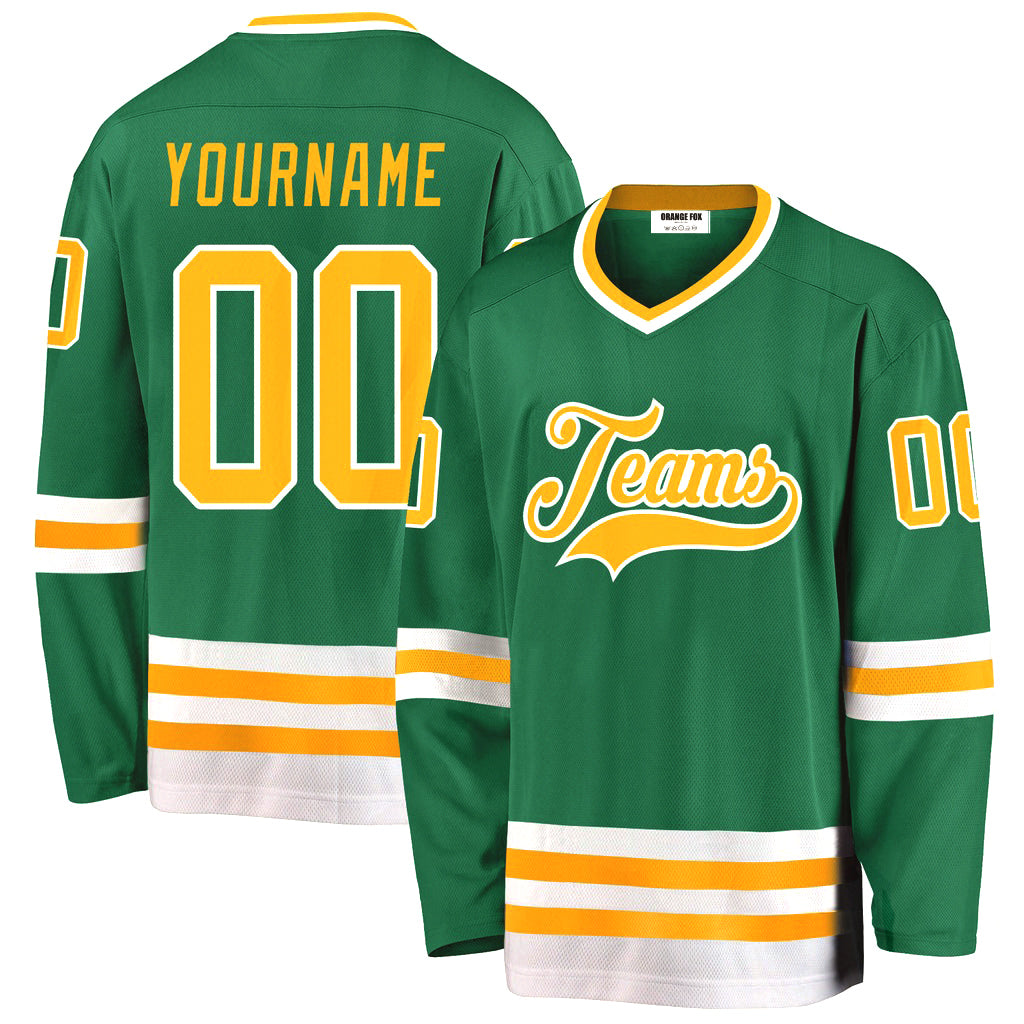 Custom Kelly Green Gold-White V Neck Hockey Jersey For Men & Women