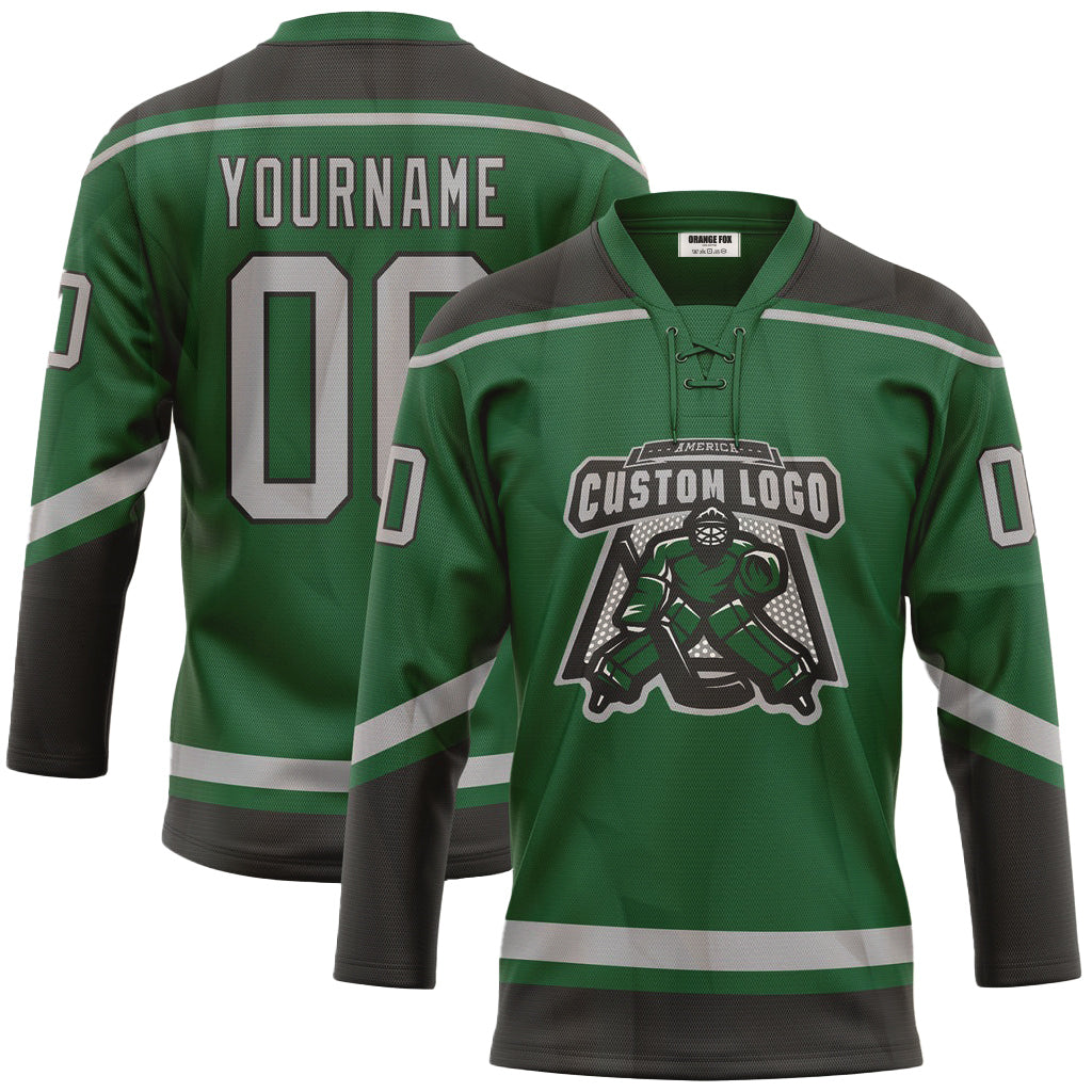 Custom Kelly Green Gray-Black Neck Hockey Jersey For Men & Women