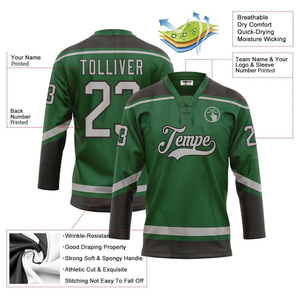 Custom Kelly Green Gray-Black Neck Hockey Jersey For Men & Women