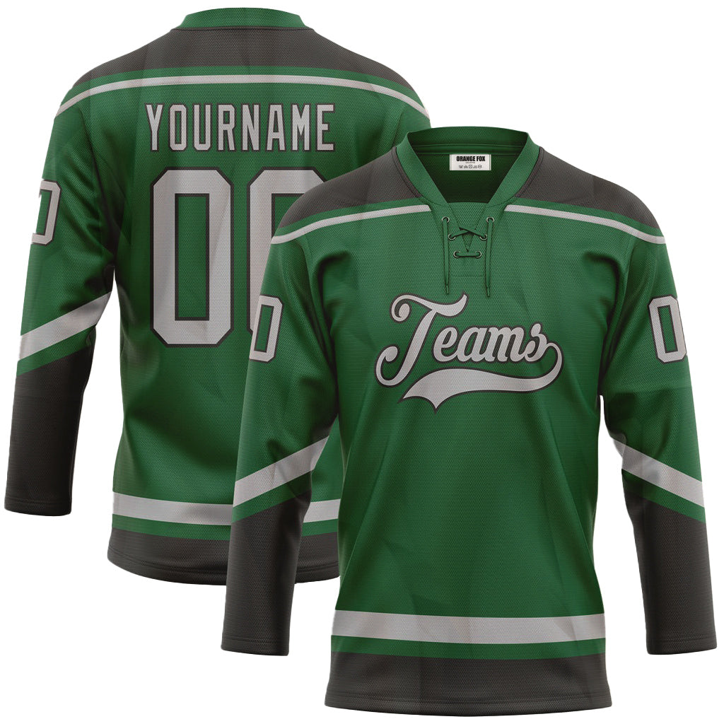 Custom Kelly Green Gray-Black Neck Hockey Jersey For Men & Women