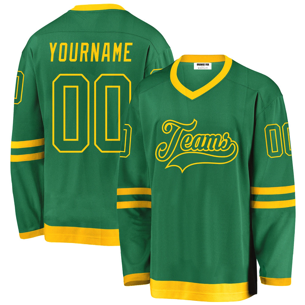 Custom Kelly Green Kelly Green-Gold V Neck Hockey Jersey For Men & Women