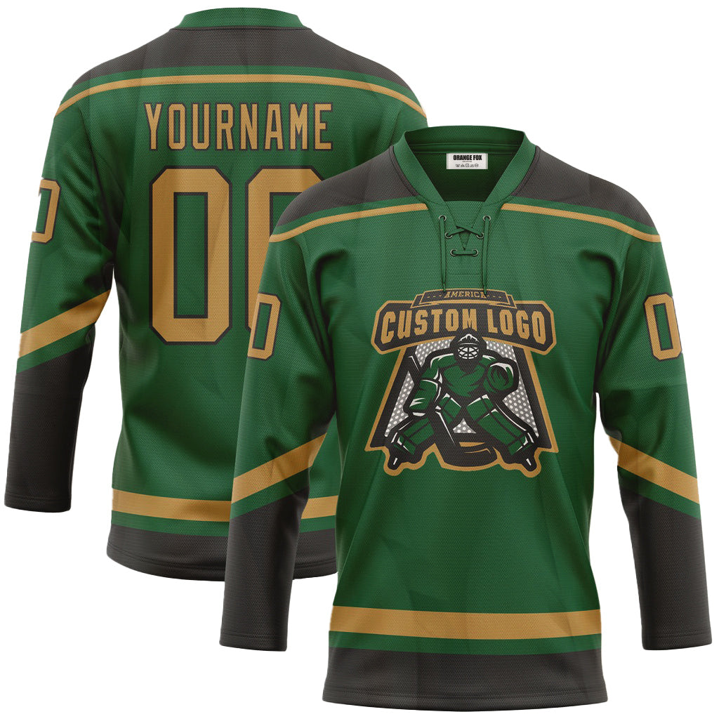 Custom Kelly Green Old Gold-Black Neck Hockey Jersey For Men & Women