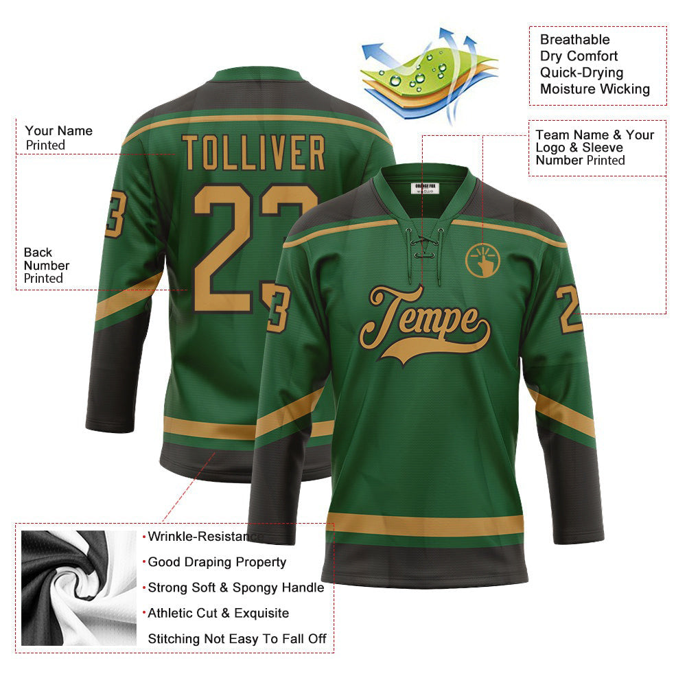 Custom Kelly Green Old Gold-Black Neck Hockey Jersey For Men & Women