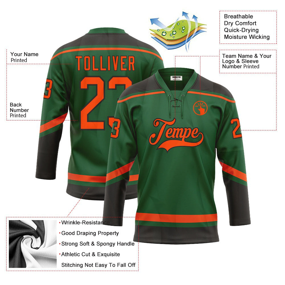 Custom Kelly Green Orange-Black Neck Hockey Jersey For Men & Women