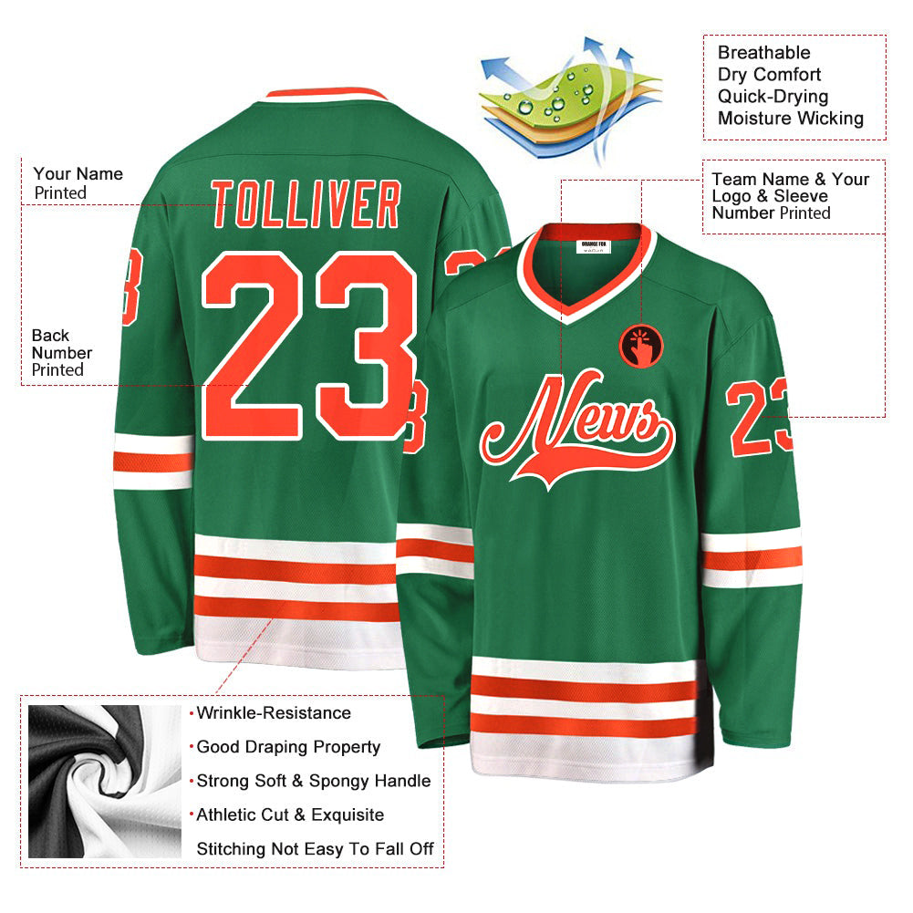 Custom Kelly Green Orange-White V Neck Hockey Jersey For Men & Women