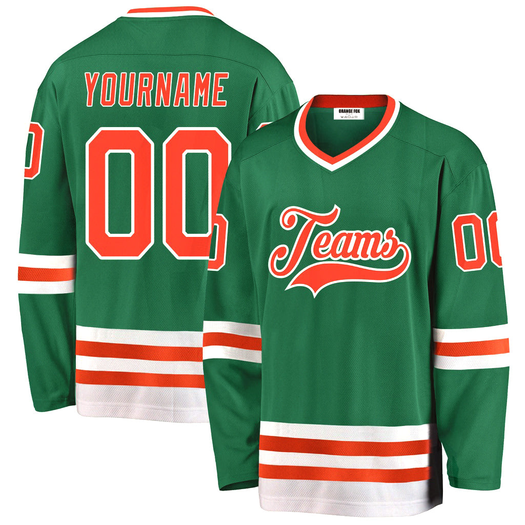 Custom Kelly Green Orange-White V Neck Hockey Jersey For Men & Women