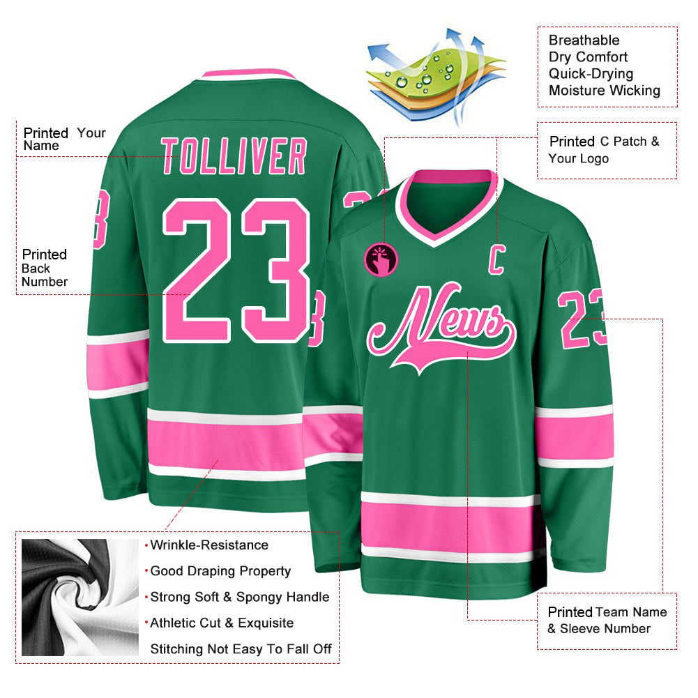 Custom Kelly Green Pink-White V Neck Hockey Jersey For Men & Women