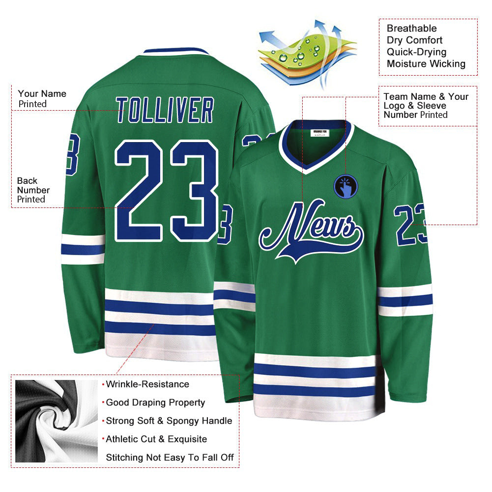 Custom Kelly Green Royal-White V Neck Hockey Jersey For Men & Women