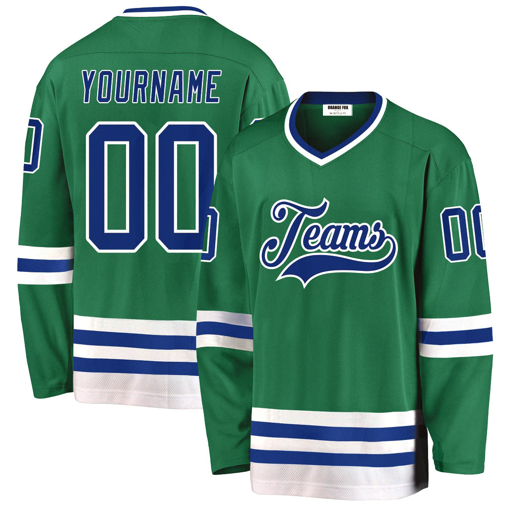 Custom Kelly Green Royal-White V Neck Hockey Jersey For Men & Women