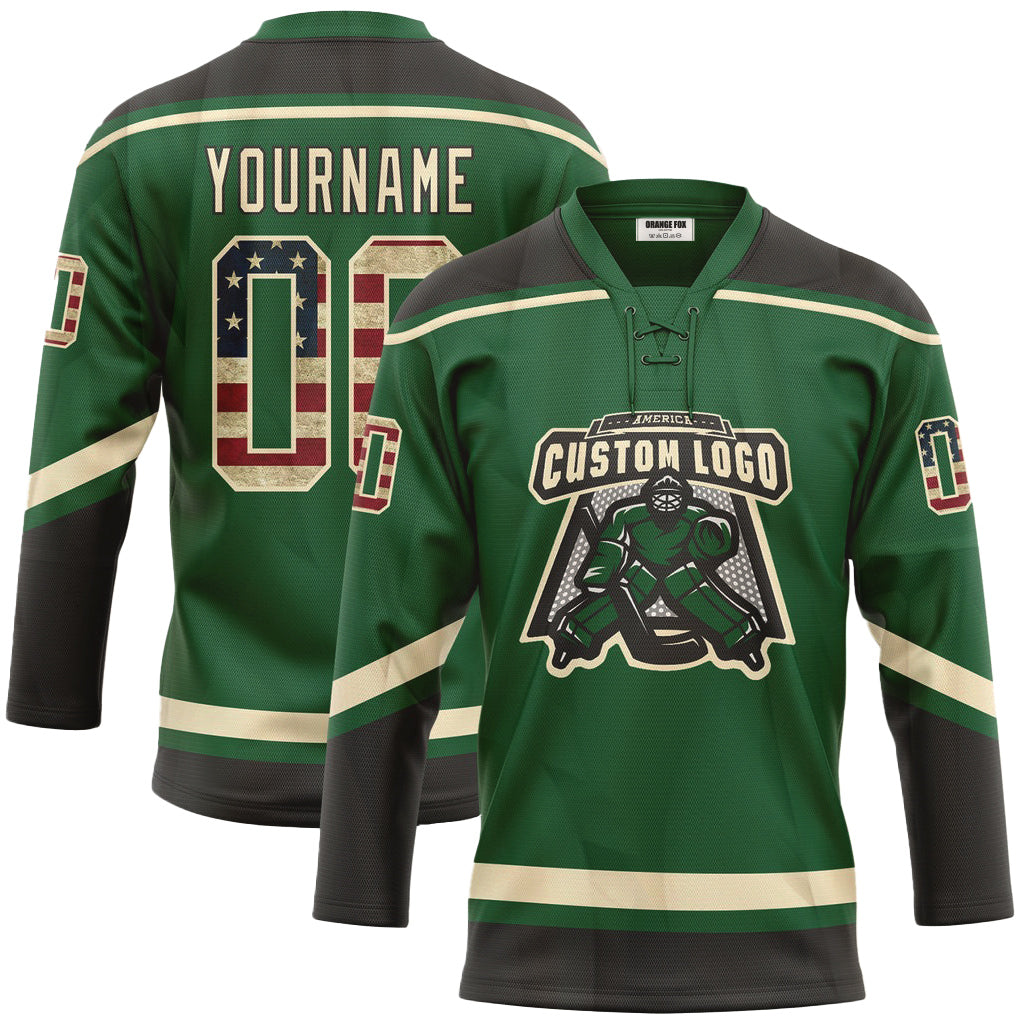 Custom Kelly Green Vintage USA Flag Cream-Black Neck Hockey Jersey For Men & Women