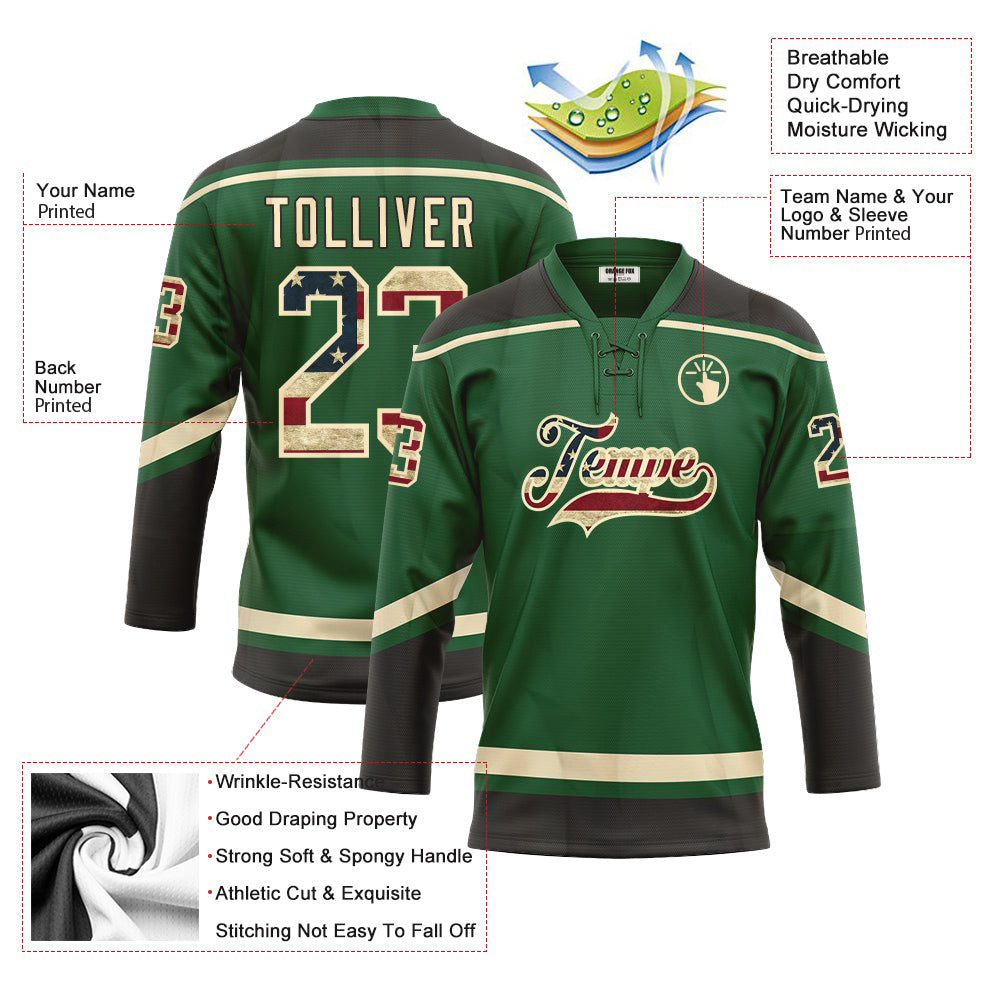 Custom Kelly Green Vintage USA Flag Cream-Black Neck Hockey Jersey For Men & Women